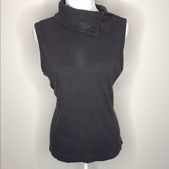 Vintage Tops - Vintage Harley Davidson Black Sleeveless Split Collar Top. XL